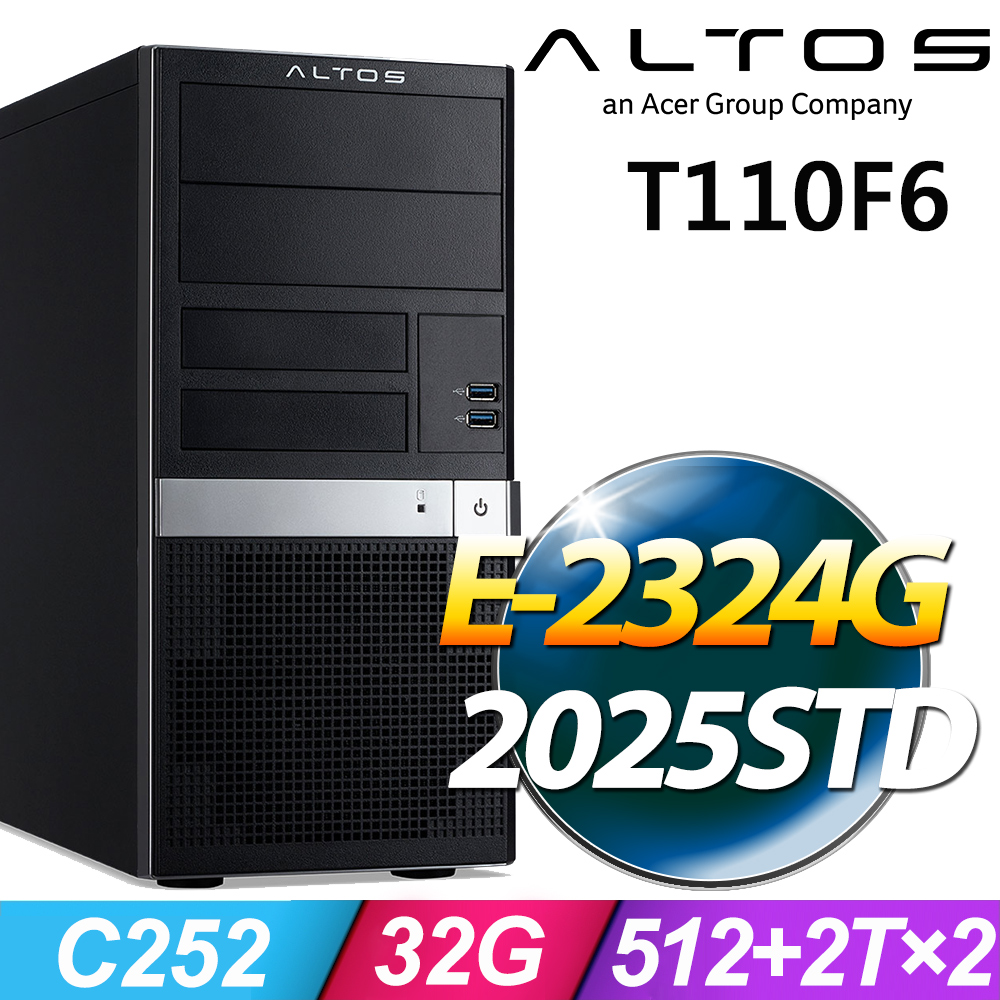 ACER 宏碁 Altos T110F6系列 - Xeon E-2324G處理器 - 32G記憶體 / 512G SSD+2TB×2 HDD / WinSRV 2025 STD