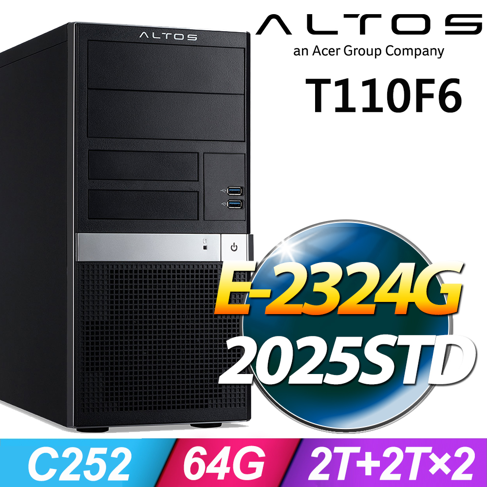 ACER 宏碁 Altos T110F6系列 - Xeon E-2324G處理器 - 64G記憶體 / 2TB SSD+2TB×2 HDD / WinSRV 2025 STD