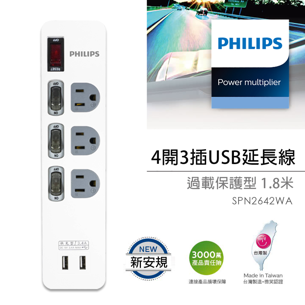 USB快充3.4A 4開3座延長線 1.8米 SPN2642WA/96 獨立開關/總開關/台灣製造/防火材質/USB充電/扁頭延長線