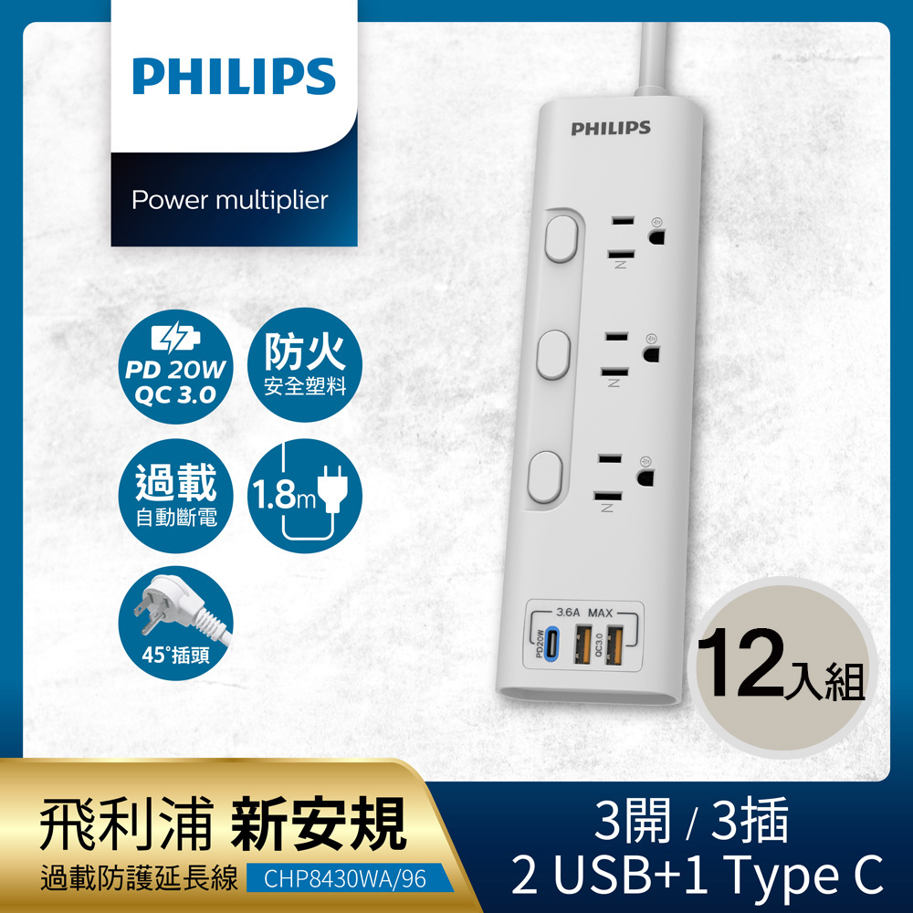 PHILIPS 飛利浦 《12入組》新安規 3開3插 2USB+Type C PD 20W延長線1.8米 -CHP8430