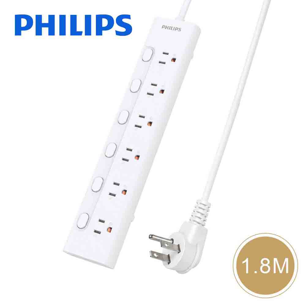 PHILIPS 飛利浦 六開六插三孔延長線-1.8M-CHP3465WA/97