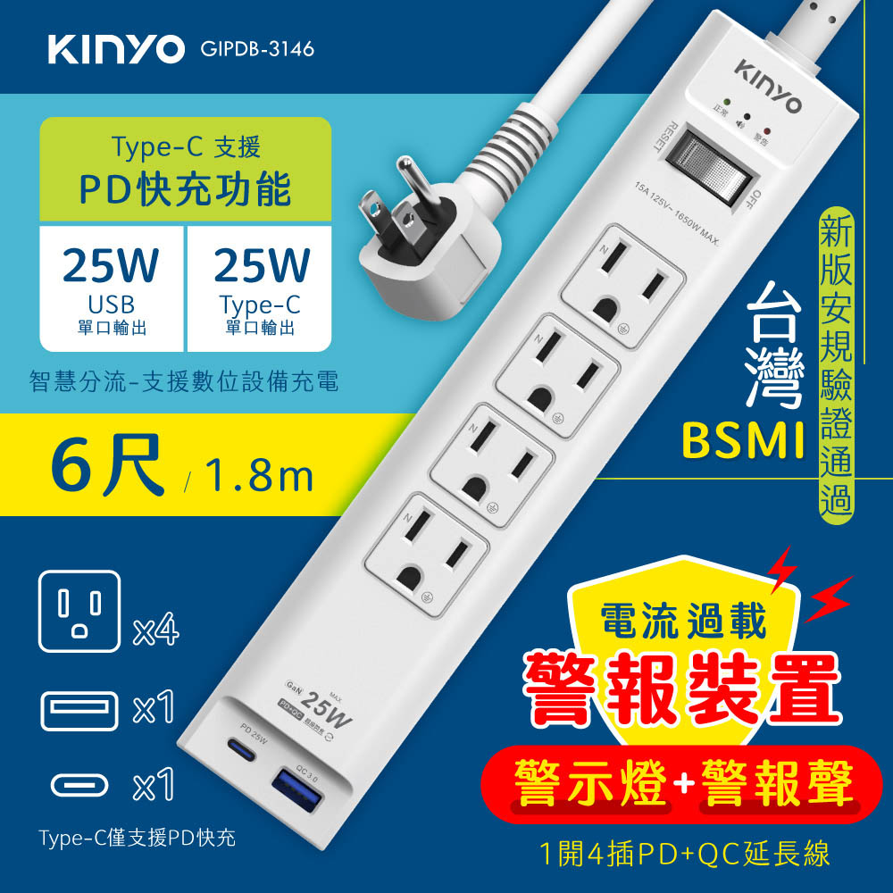 KINYO 過載警報1開4插PD+QC延長線6尺1.8M