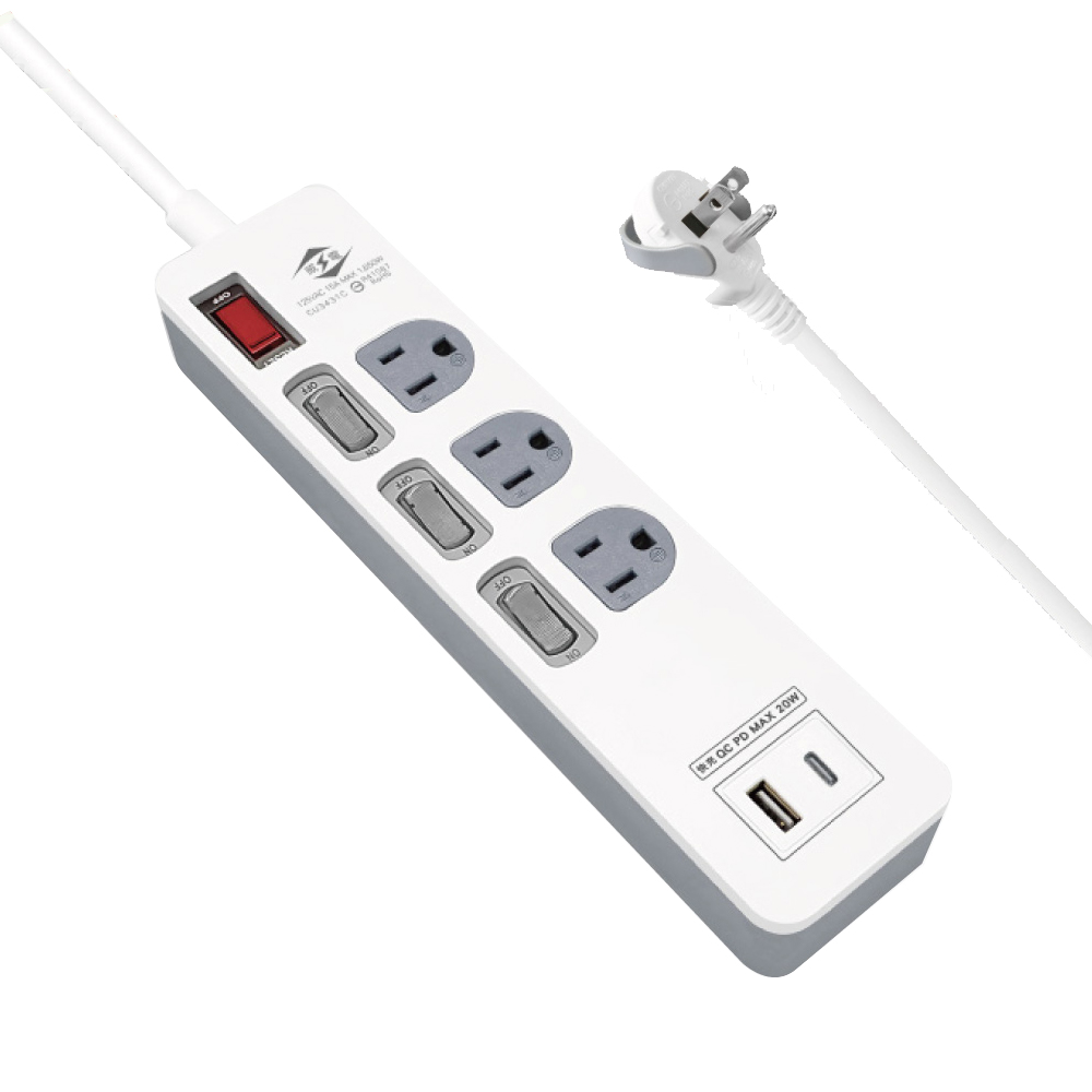 WEITIEN 威電 CU-3431C-6 3孔4開3插+20W QC PD USB+TYPE-C充電 電腦 6尺 延長線(平貼 拉環 插頭 過載斷電)