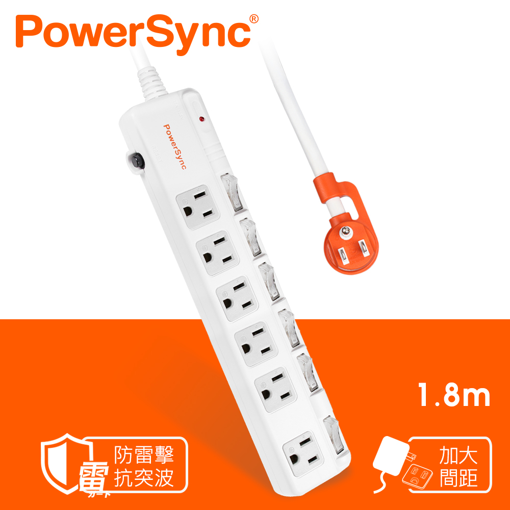 群加 PowerSync 六開六插斜面開關防雷擊抗搖擺延長線/1.8m(TPS366BN9018)