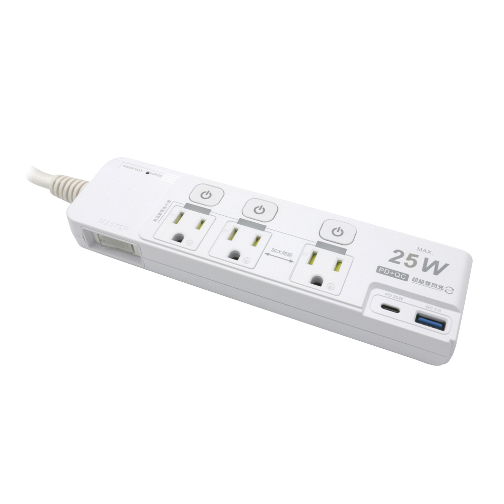 日亞 C-81P25lC防雷3孔4開3插PD 25W Type-C+QC3.0快充USB加大間距 延長線6尺(1.8M)(兒童保護蓋)