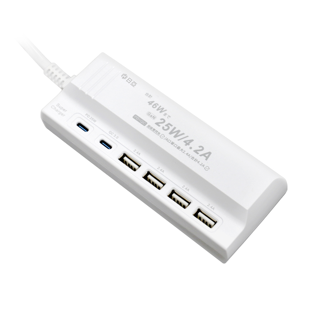 日亞 UB-06P氮化鎵46W PD Type-C+QC3.0閃充6插USB 延長線5尺(1.5M)(新安規)