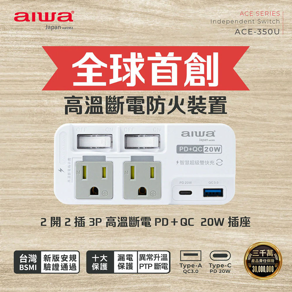 AIWA 愛華 2開2插3P高溫斷電PD＋QC 20W插座(ACE-350U)