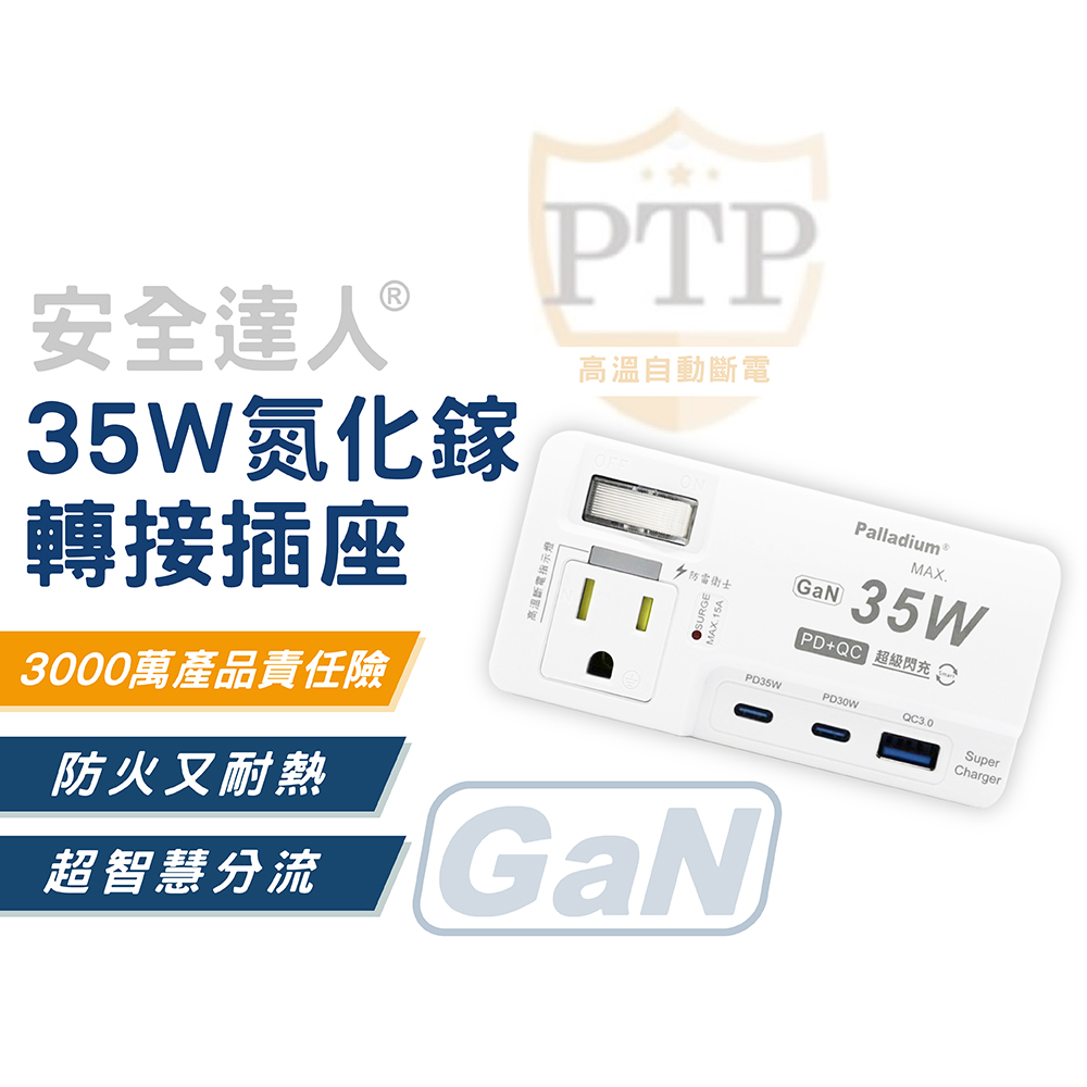 PD+QC 35W轉接器 氮化鎵快充頭 1開2插 2+3P(插座壁插分接器擴充頭)