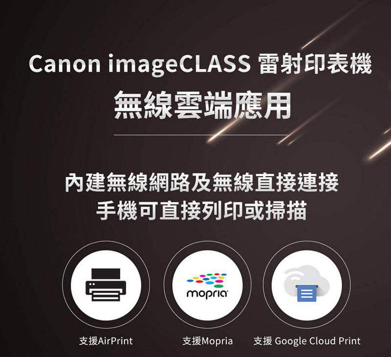 Canon imageCLASS 雷射印表機無線雲端應用內建無線網路及無線直接連接手機可直接列印或掃描mopria目支援AirPrint支援Mopria支援 Google Cloud Print