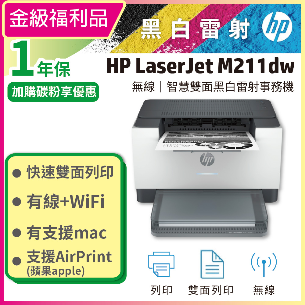 HP 惠普 【金級福利品】LaserJet M211dw 黑白無線雙面雷射印表機(9YF83A)