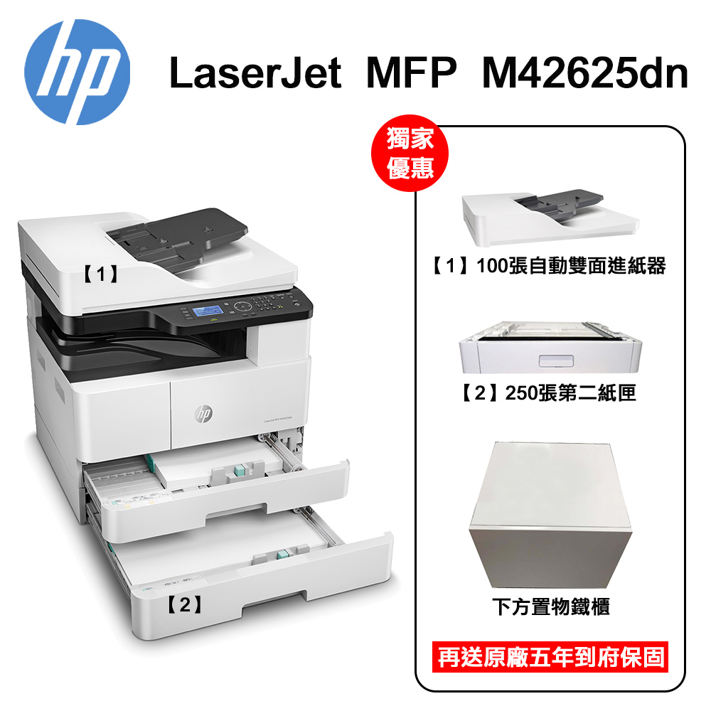 HP 惠普 MFP M42625dn A3商用 黑白雷射多功能事務機+第二紙匣+ADF連續進紙器(專人到府安裝+五年保固)