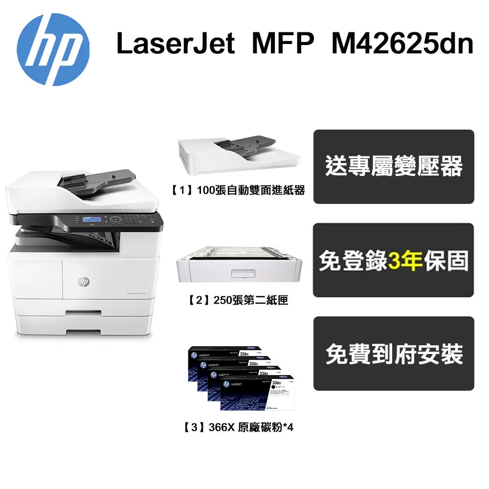 HP 惠普 M42625dn A3 黑白雷射 多功能印表機+連續送稿器ADF+第二紙匣+四支碳粉組合三年保固