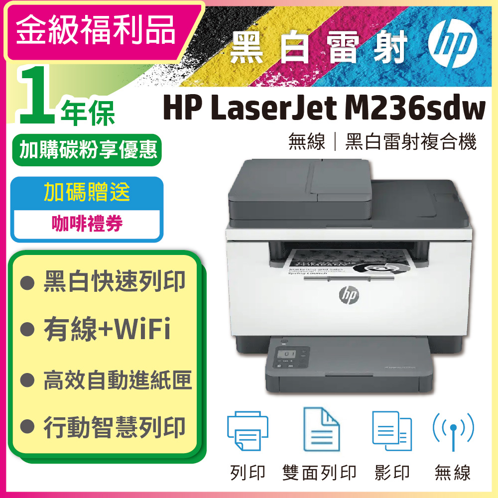 HP 惠普 【金級福利品】LaserJet Pro MFP M236sdw 無線雙面雷射複合機 (無實體傳真功能)