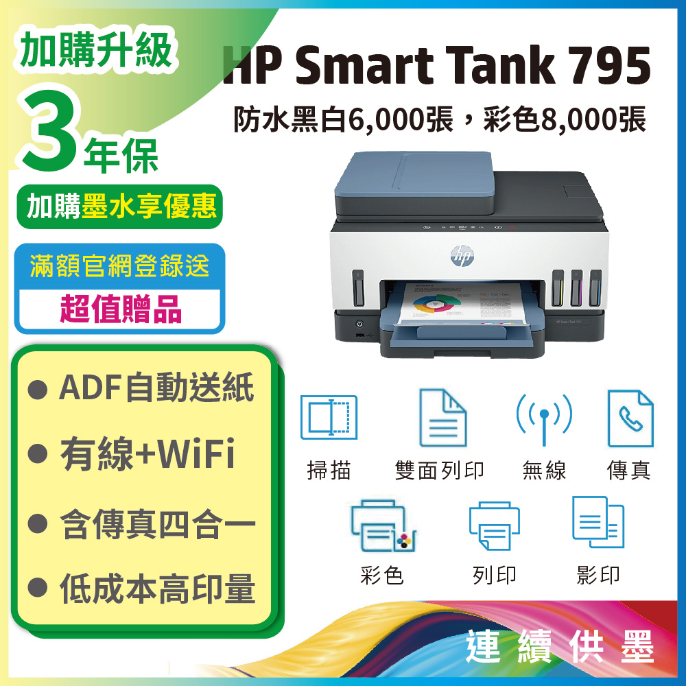 HP 惠普 Smart Tank 795 四合一多功能 自動雙面無線連供印表機