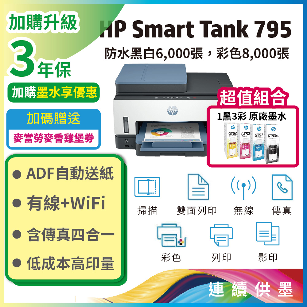 HP 惠普 【超值組-1機+4墨】Smart Tank 795 四合一多功能 自動雙面無線連供印表機(有傳真)+一組四色墨水