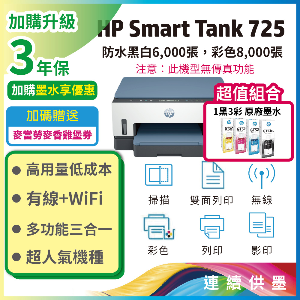 HP 惠普 【超值組+3年保1機+4墨】Smart Tank 725 三合一多功能 自動雙面無線連供印表機+一組四色墨水