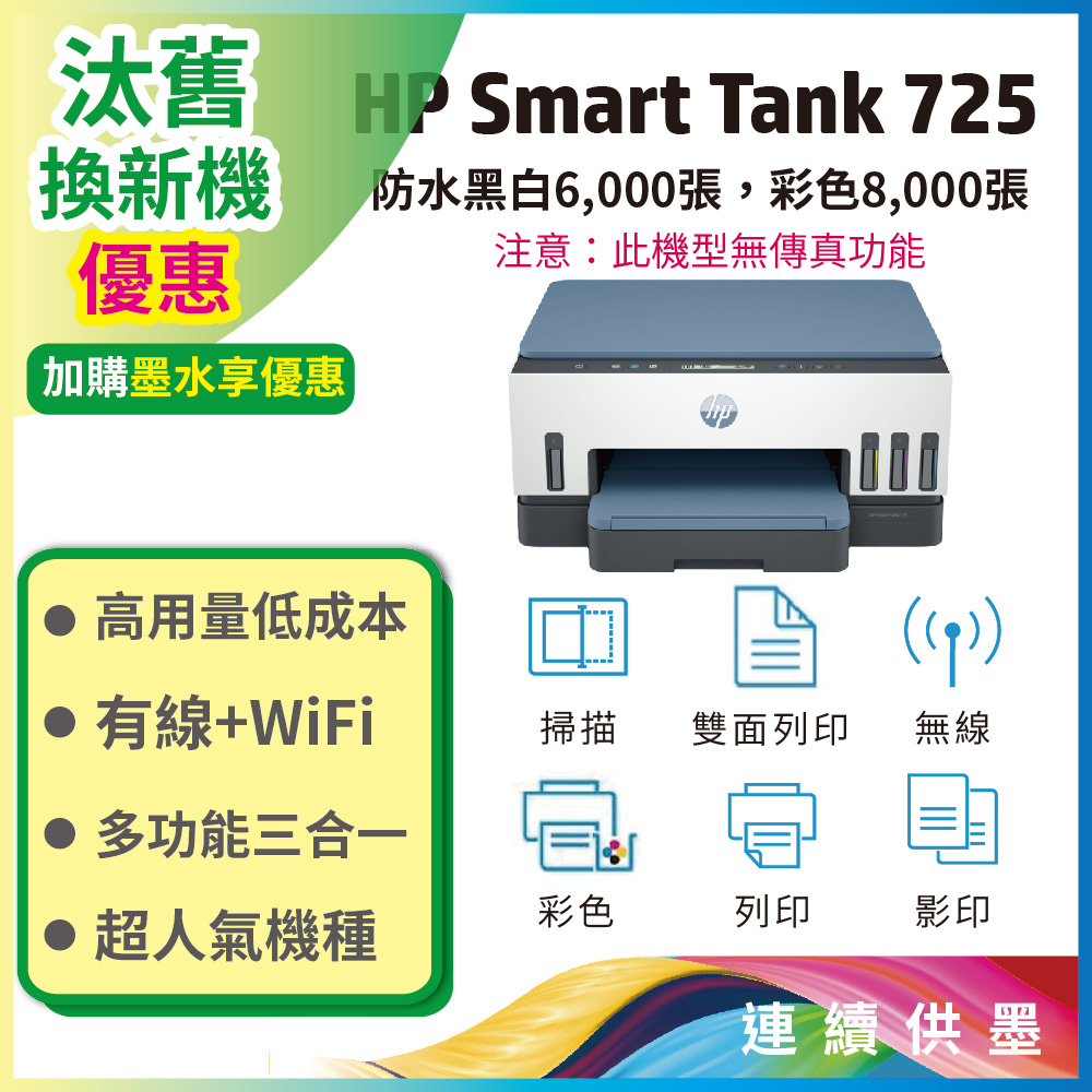 HP 惠普 Smart Tank 725 三合一多功能 自動雙面無線連供印表機