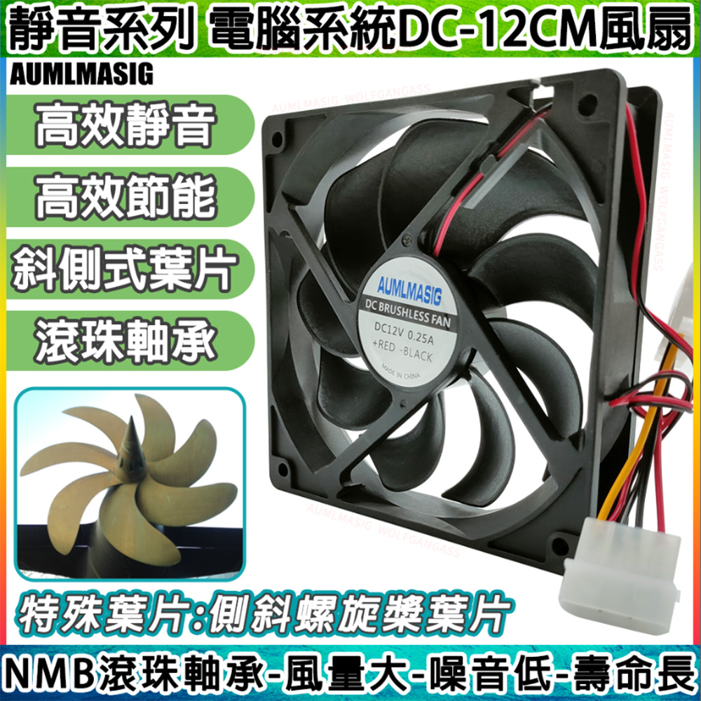 AUMLMASIG 全通碩 一起購3組 高效靜音風扇-電腦系統風扇-雙顆滾珠軸承 DC-12CM 4萬小時壽命 斜側式旋渦葉片 高效節能 CPU風扇/顯卡風扇/機殼風扇/礦機風扇/礦架風扇適用 大4PIN供電