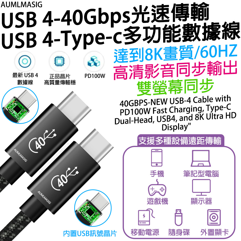 AUMLMASIG 全通碩 【50CM】新升級 USB 4 40Gbps閃速傳輸 USB Type-C多功能數據傳輸線 40Gbps超快速傳輸