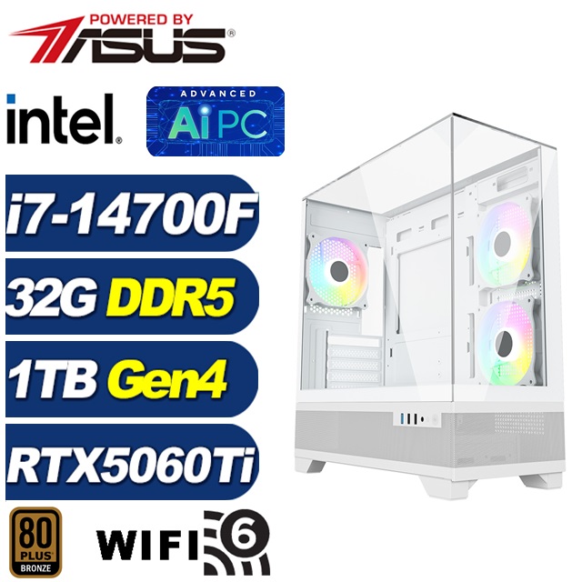 ASUS 華碩 (DIY)光影K0AC(i7-14700F/RTX 5060 Ti/B760/32G/1TB M.2)