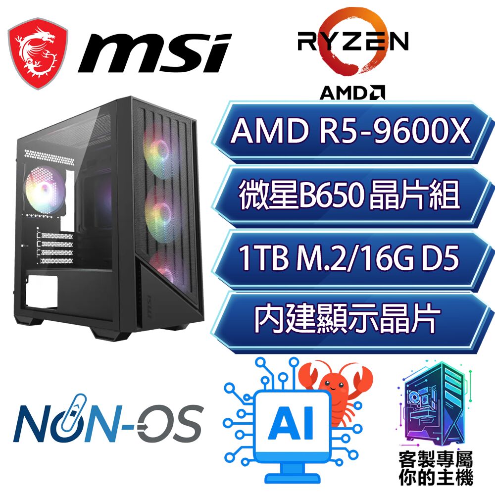 MSI 微星 R5-9600X 六核/B650/16G/1T/龍蝦機/微星平台【天地同榮】AI 文書 商務 電腦