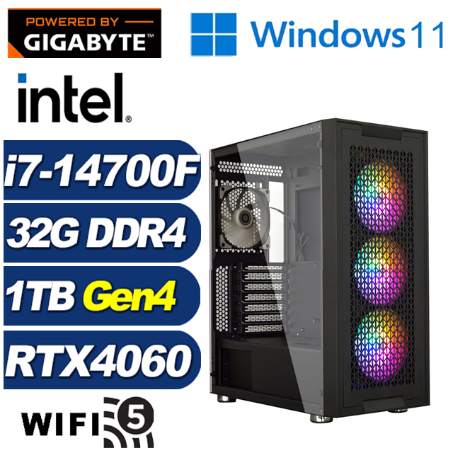 GIGABYTE 技嘉 (DIY)狂雷巫師W(i7-14700F/B760/32G/1TB M.2/RTX 4060/Win11)