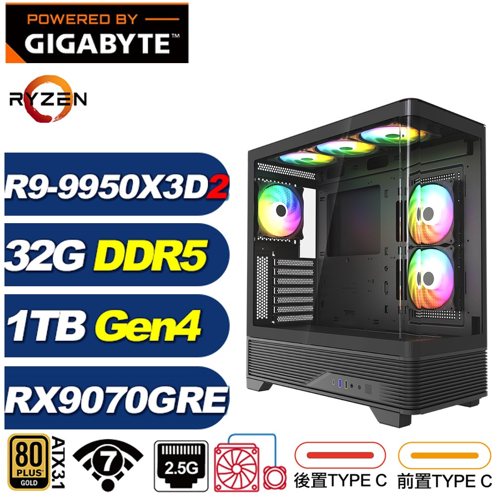 GIGABYTE 技嘉 X870平台(DIY)北冕座8RC7(R9 9950X3D2/RX 9070 GRE/32G/1TB Gen4/水冷/電競電腦)