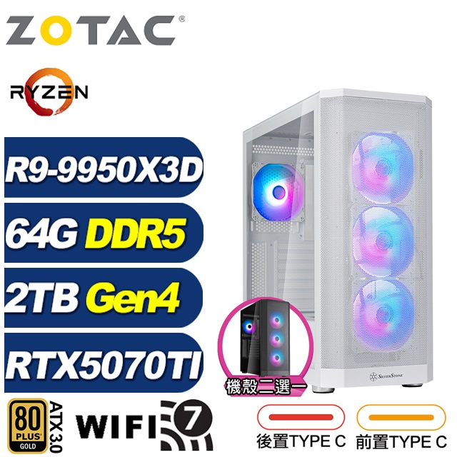 ZOTAC (DIY)朱庇特LD0D(R9 9950X3D/華碩X870/64G/2TB M.2/RTX 5070 TI/水冷)