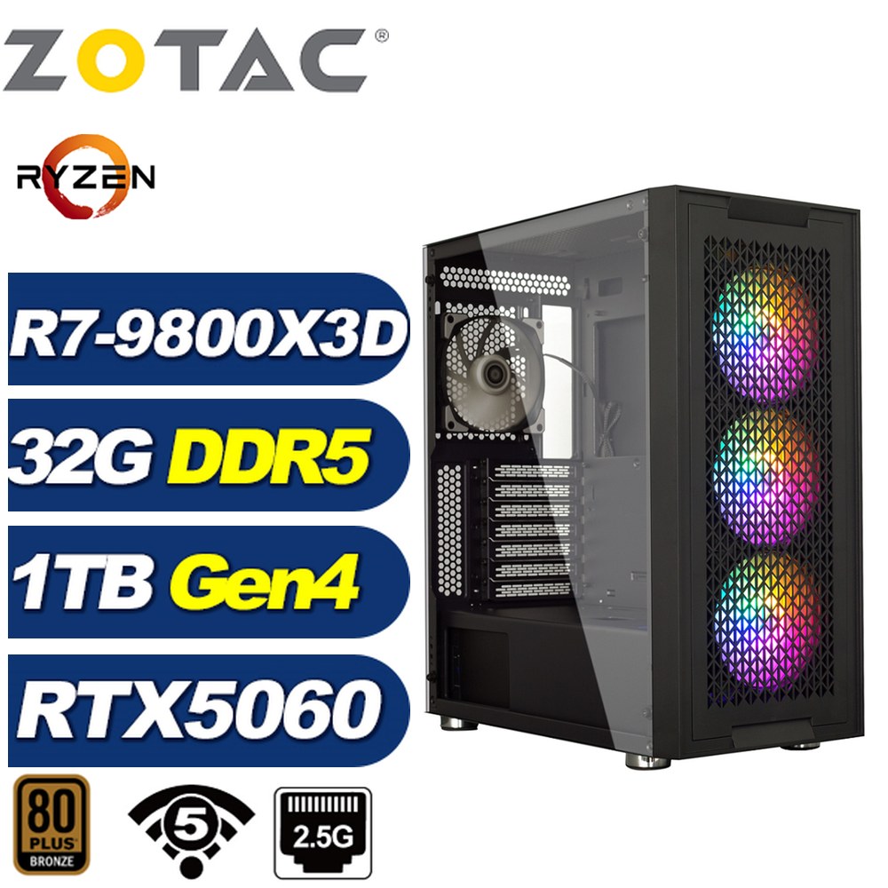 ZOTAC B650平台(DIY)弗雷10286(R7 9800X3D/技嘉B650/RTX 5060/32G/1TB Gen4/電競電腦)