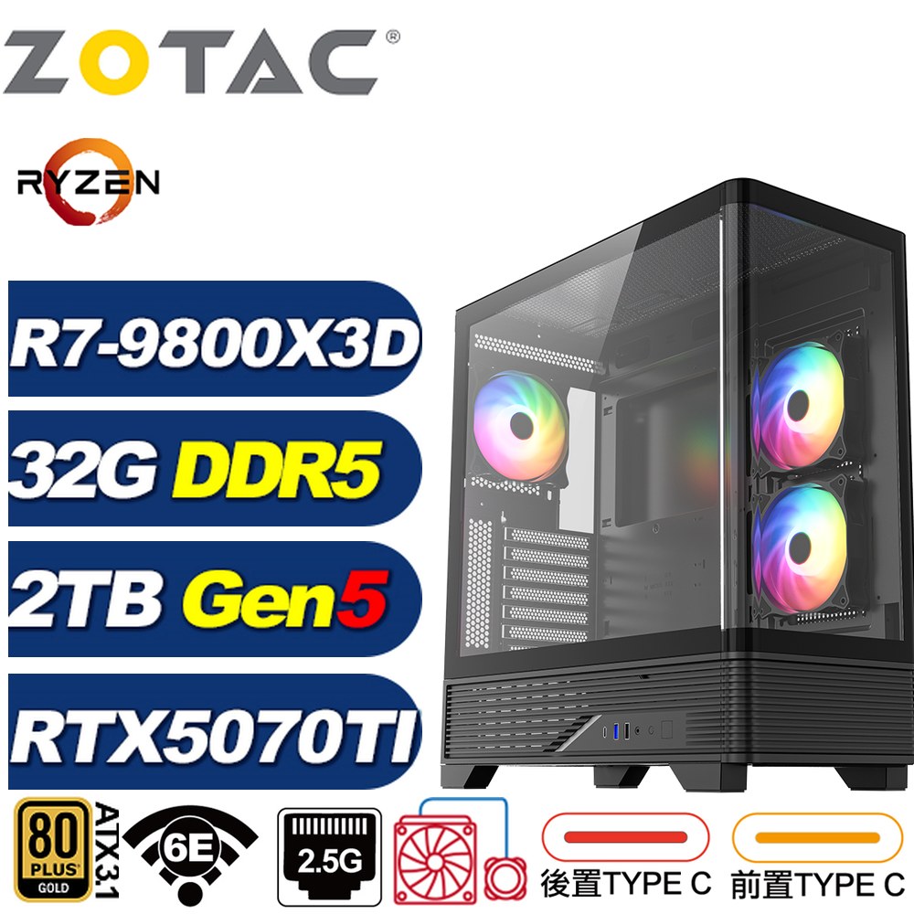 ZOTAC B650平台(DIY)弗雷1028C(R7 9800X3D/技嘉B650/RTX 5070 TI/32G/2TB Gen5/水冷/電競電腦)