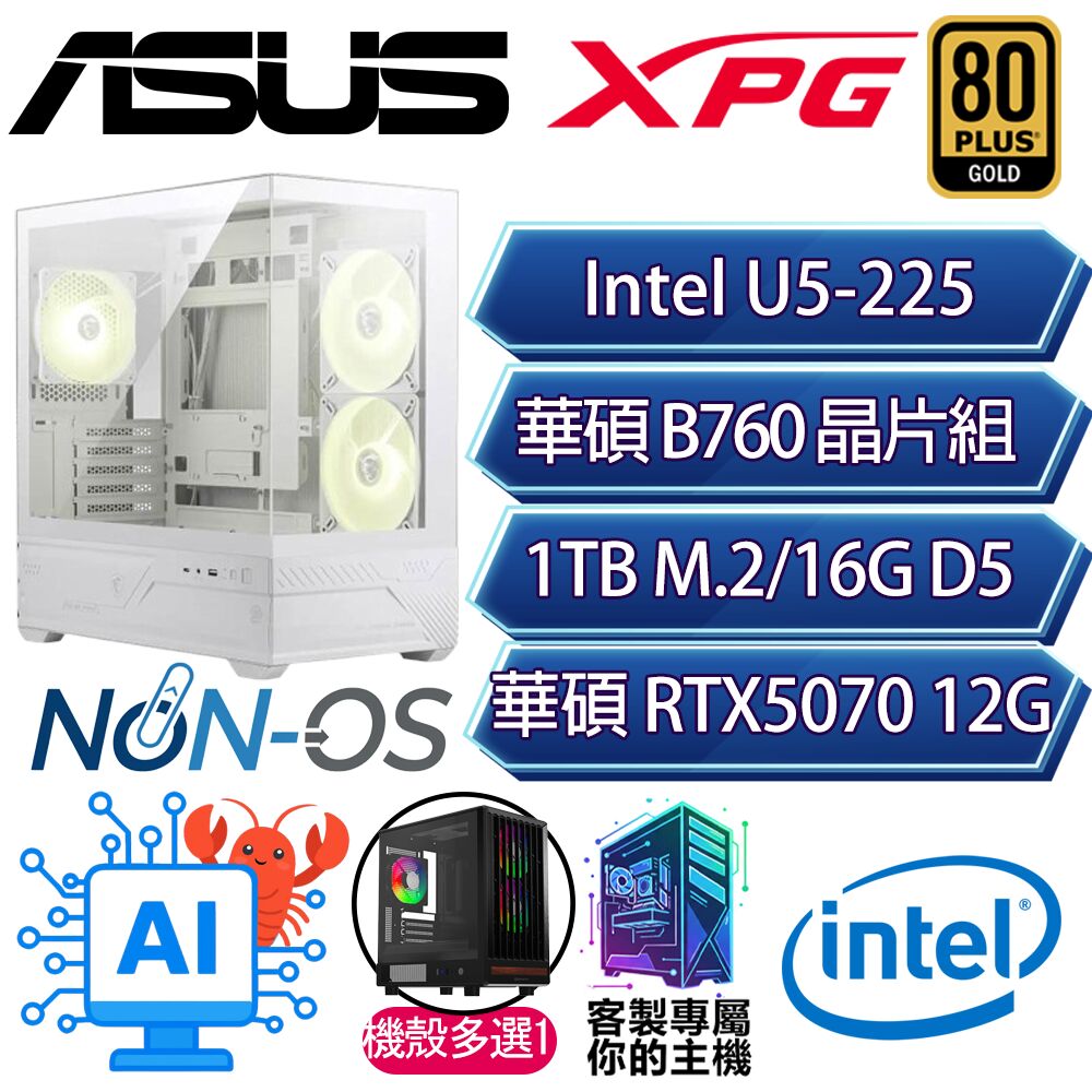 RTX5070/U5-225 十核/B860/16G D5/1TB/人機迷網/華碩平台【走向】AI電競電玩電腦