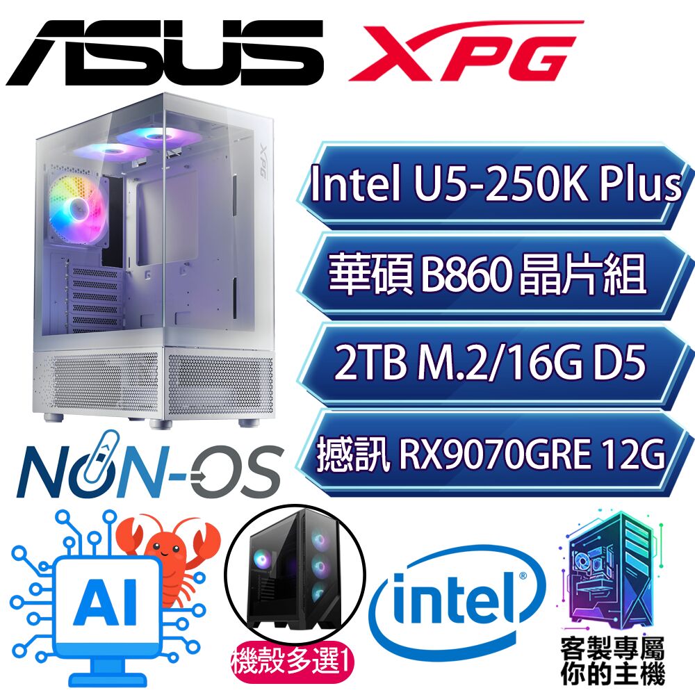 ASUS 華碩 RX9070GRE/U5-250K+ 十八核/B860/16G D5/2TB/人機迷網/華碩平台【推雷】AI海景房電競電腦