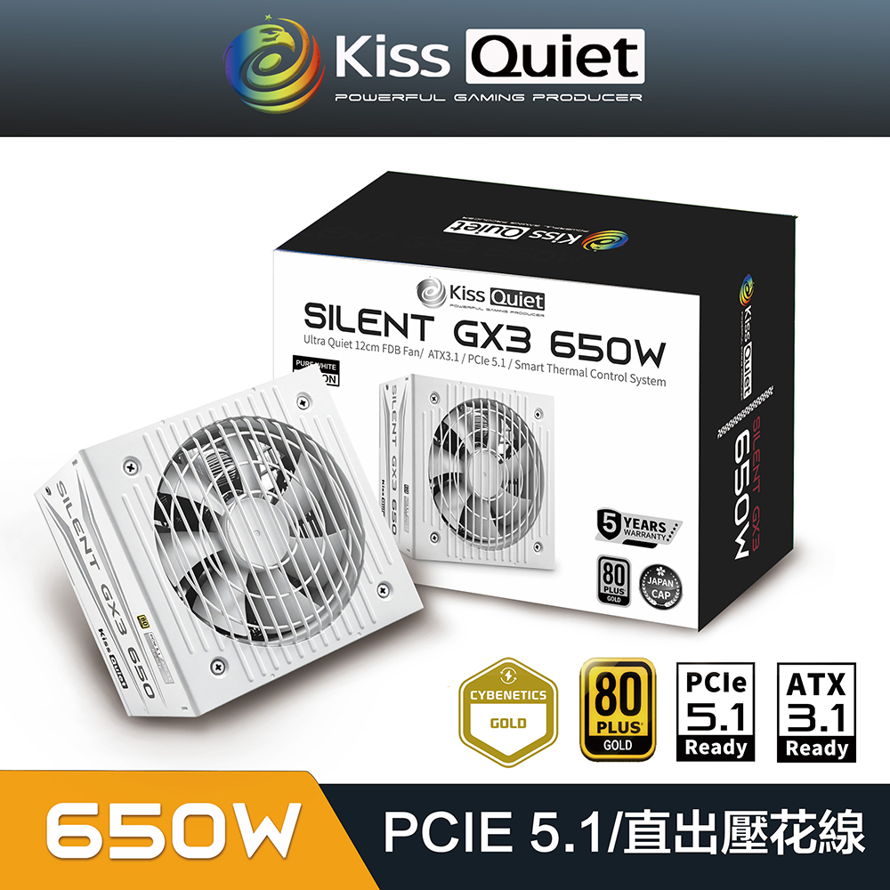 Kiss Quiet 凱斯克 Silent GX3(純黑) 650W(ATX 3.1)金牌 直出壓紋線 低噪技術 電源供應器