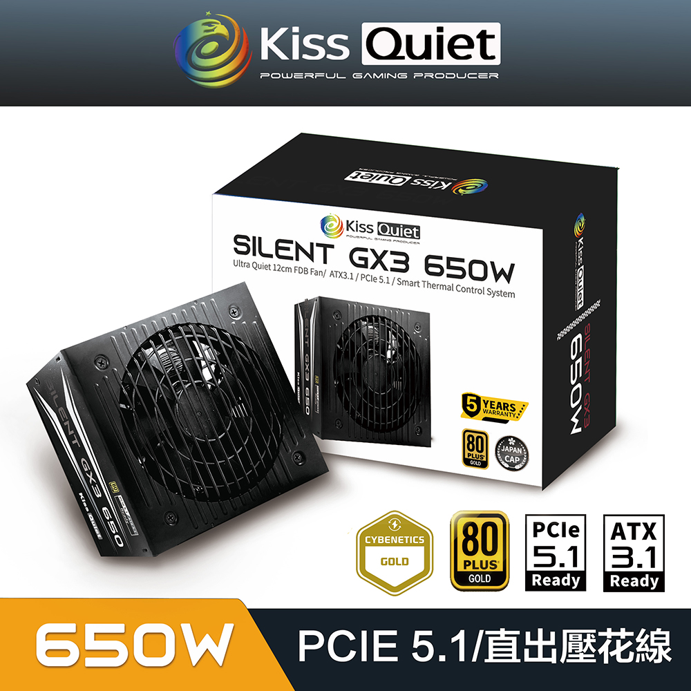 Kiss Quiet 凱斯克 Silent GX3 (純黑) 650W(ATX 3.1)金牌 直出壓紋線 低噪靜音 電源供應器