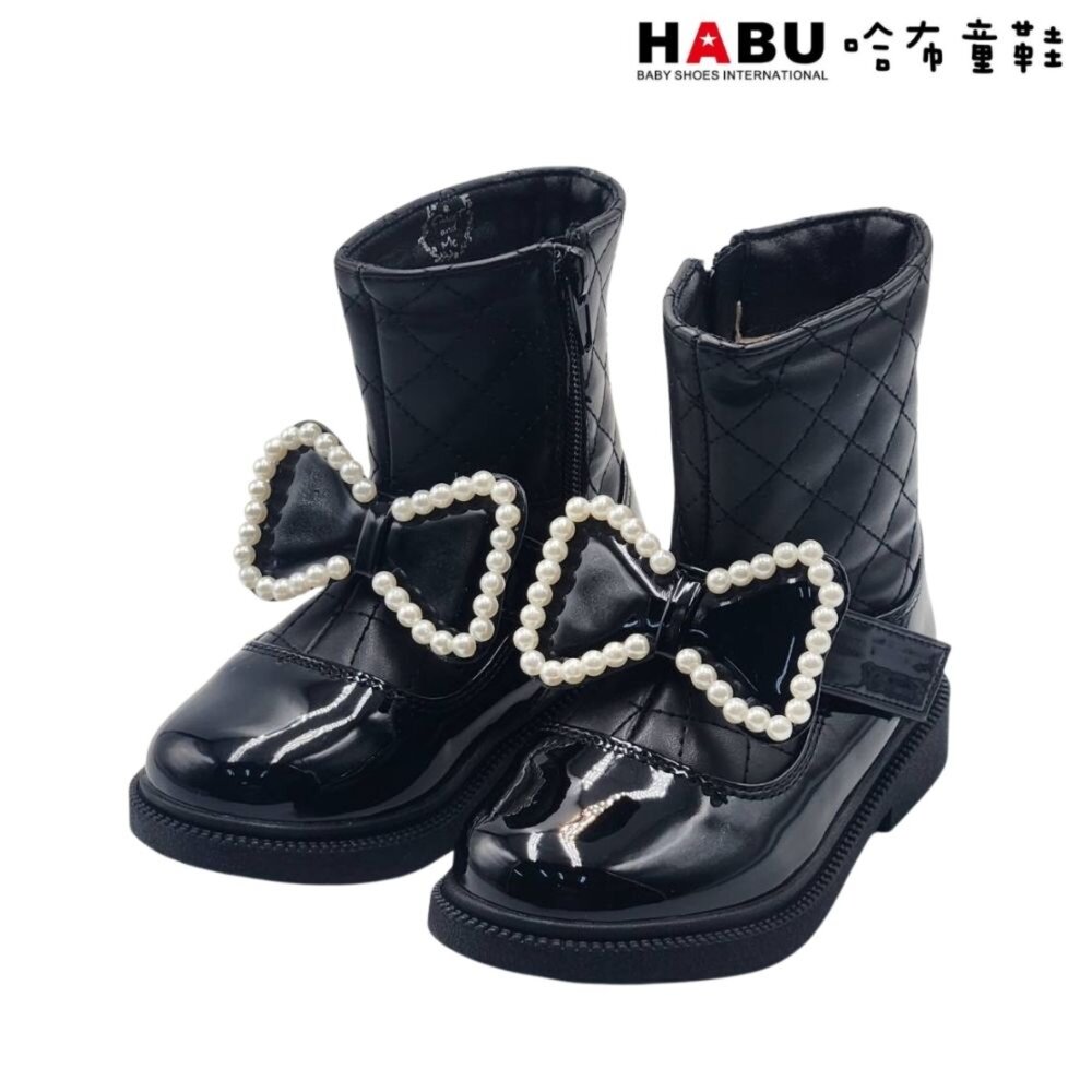 HABU 哈布童鞋 童靴 短靴 珍珠蝴蝶結 菱格紋 皮革 漆皮 拼接 厚底 黑 7038-BK