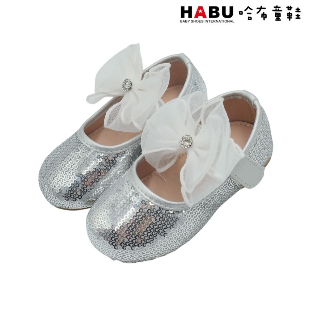 HABU 哈布童鞋 閃閃亮片 鑽石 緞帶蝴蝶結 娃娃鞋 公主鞋 包鞋 銀 2285-SV