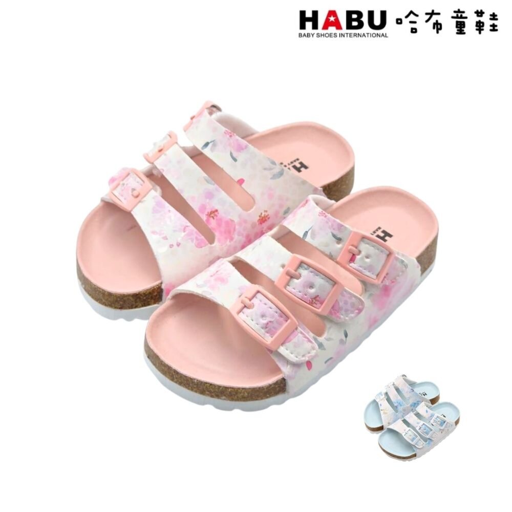 HABU 哈布童鞋 童鞋 拖鞋 涼鞋 大扣 魔鬼氈 花漾鞋面 細緻上光 戶外休閒 軟木 4040-PI