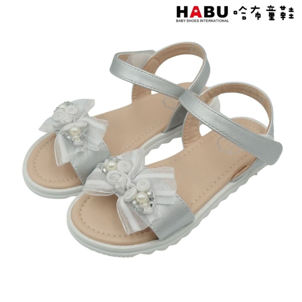 HABU 哈布童鞋 氣質優雅 夏日涼鞋 珍珠花瓣 蝴蝶結 平底鞋 銀 2276-SV