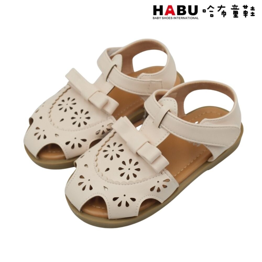 HABU 哈布童鞋 簍空雕花 夏日涼鞋 蝴蝶結 米色 2277-BE