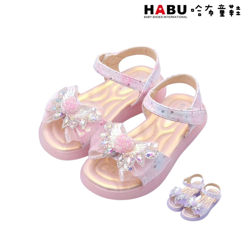 HABU 哈布童鞋 涼鞋 心之羽翼 燈鞋 涼拖鞋 厚底 果凍膠底 華麗鑽石 魔鬼氈 夏季涼鞋 2320-PI