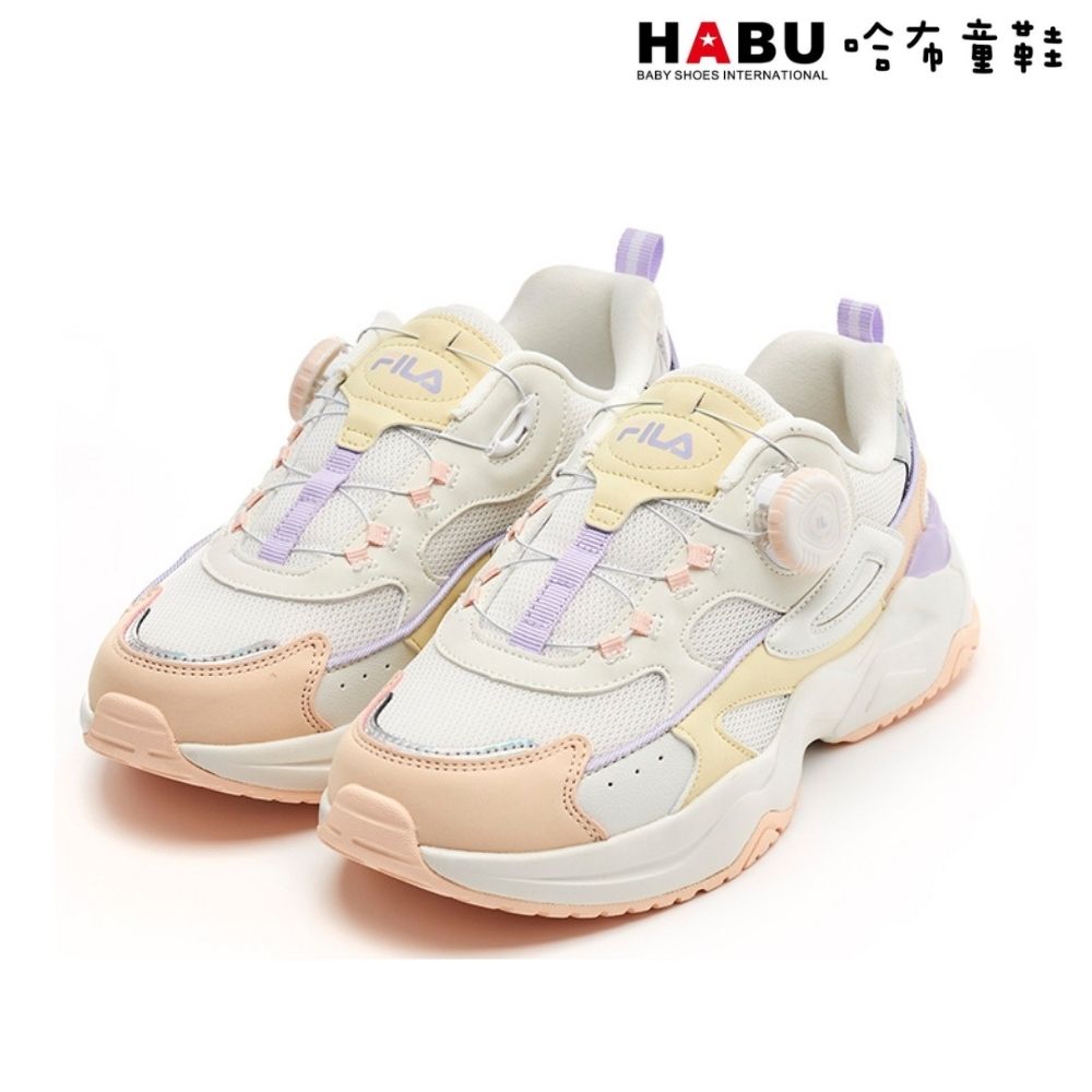 HABU 哈布童鞋 FILA KIDS 斐樂 RAYFLIDE 慢跑鞋 運動鞋 足供支撐 旋轉扣 大童 拼接 馬卡龍色 3-C644Y-661