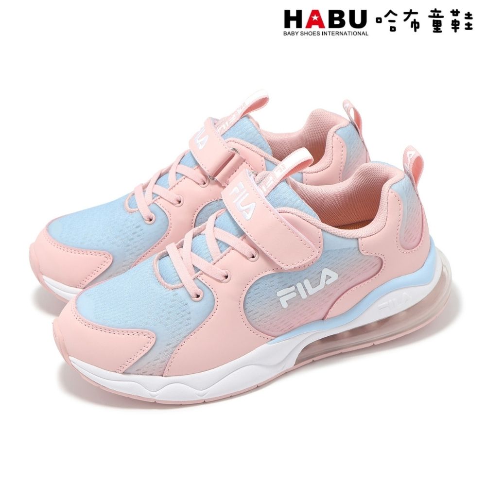 HABU 哈布童鞋 FILA KIDS 斐樂 慢跑鞋 運動鞋 足供支撐 氣墊 緩衝 魔鬼氈 大童 粉 藍 3-J411Z-531