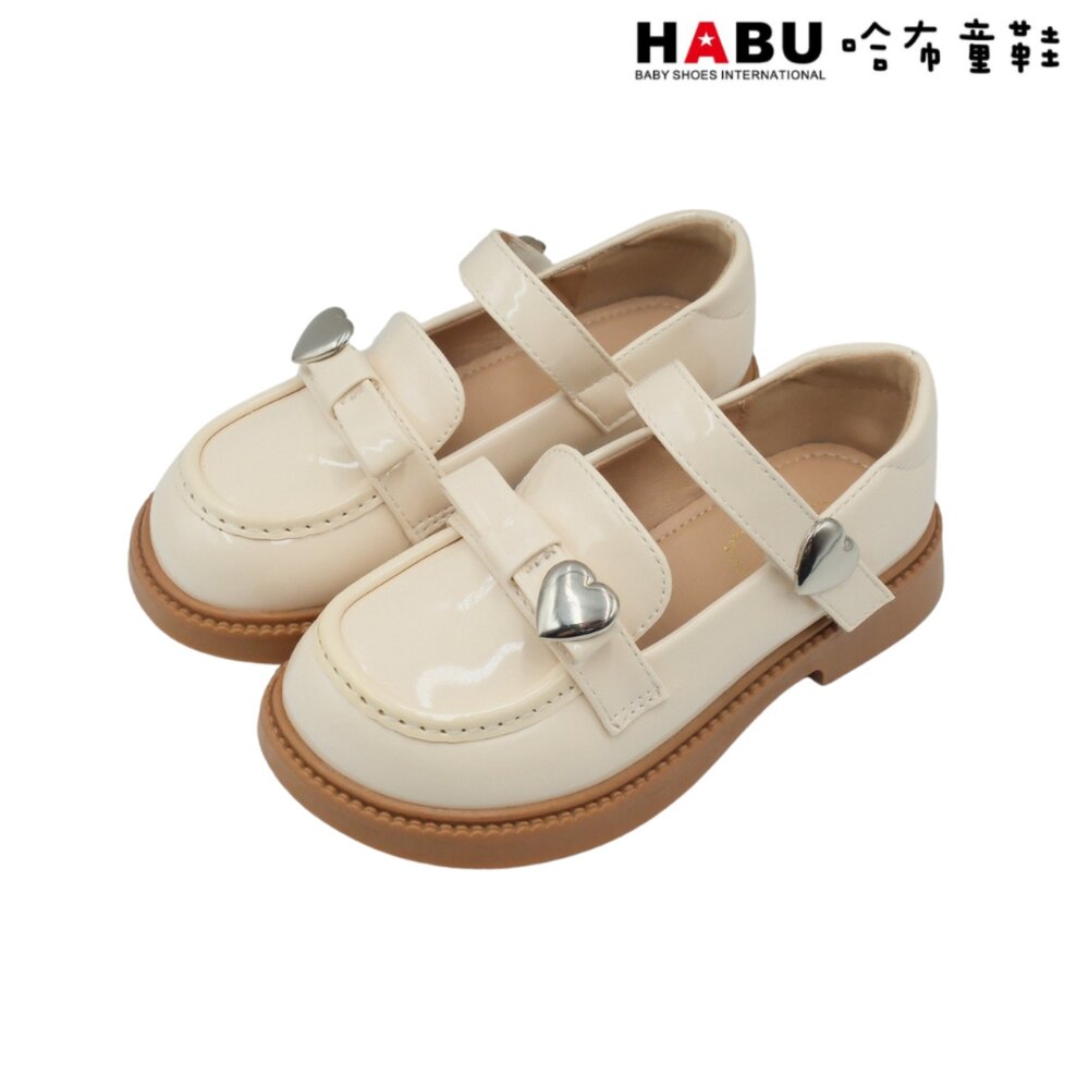 HABU 哈布童鞋 瑪莉珍 學生皮鞋 漆皮 樂福鞋 包鞋 愛心扣環 米 白 5059-BE