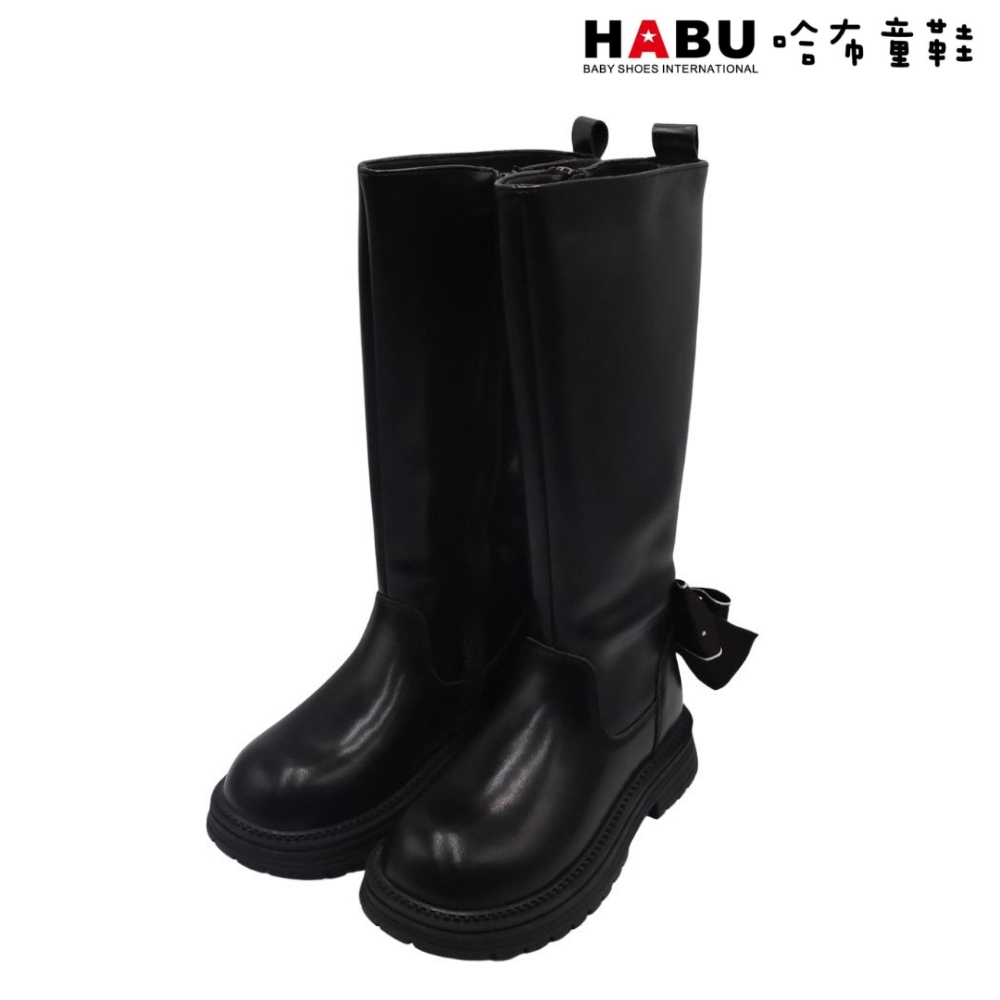 HABU 哈布童鞋 兒童長靴 長靴 高質感 蝴蝶結 愛心排扣 靴子 皮靴 童鞋 黑 7035-BK