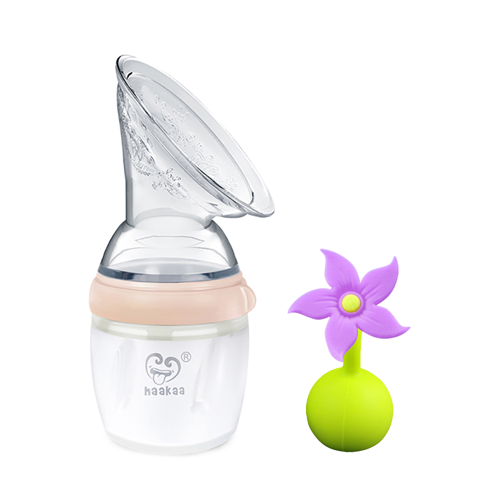Haakaa 第三代多功能小花集乳瓶160ML-粉膚色+紫色小花塞