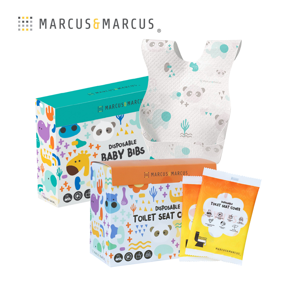 MARCUS & MARCUS 拋棄式外出保潔組(防水馬桶坐墊+防水圍兜)-大象貓熊