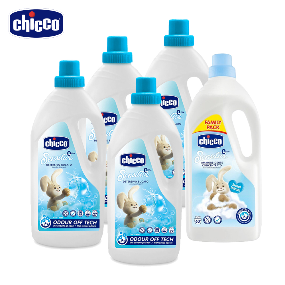 chicco 超濃縮嬰兒洗衣精(升級版)1.5L-4入超濃縮嬰兒衣物柔軟精-甜蜜爽身1500ml-1入