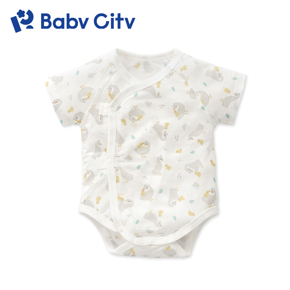 BabyCity 娃娃城 天絲短袖初生連身衣/雨天鵝|萊賽爾 新生兒 連體衣 包屁衣 釘扣 薄款 寶寶衣 內著 MIT 敏感性肌膚適用