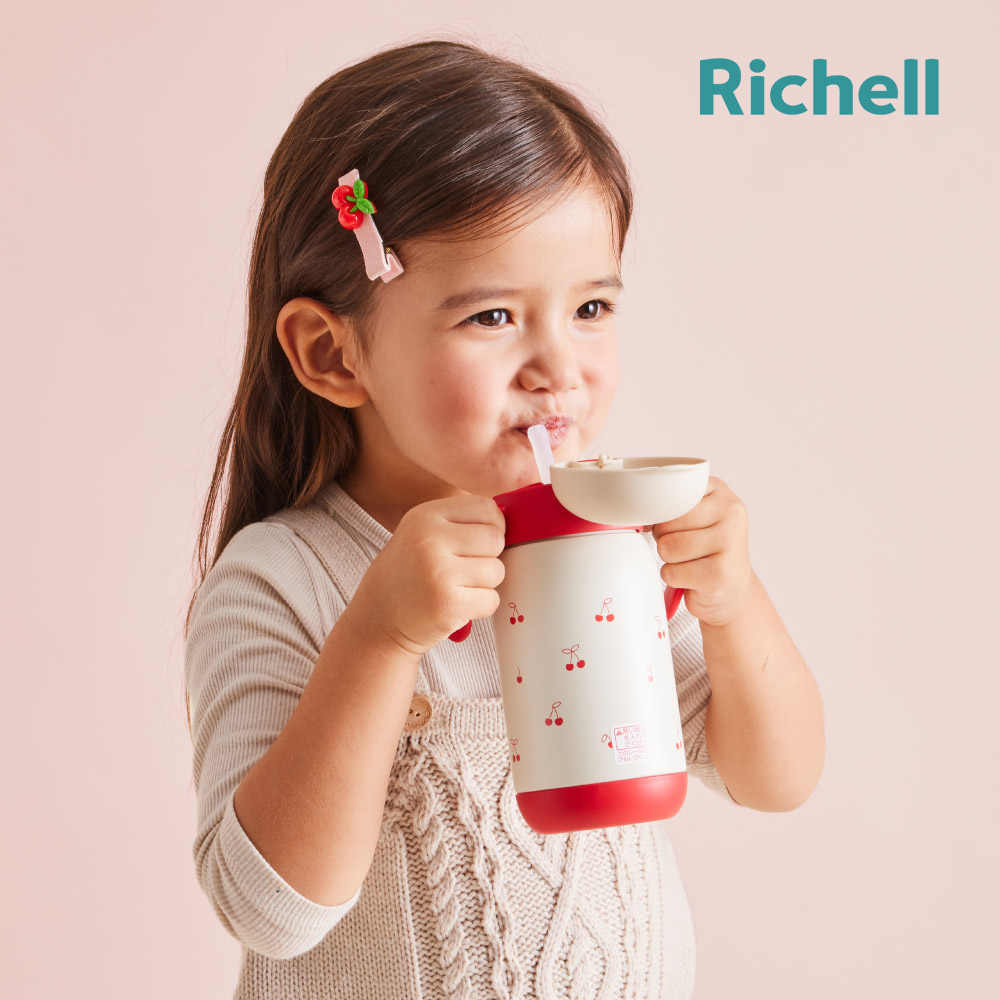 Richell 利其爾 TLI 四代 不鏽鋼吸管保溫杯 450ML - 櫻桃紅紅 (7個月以上適用)