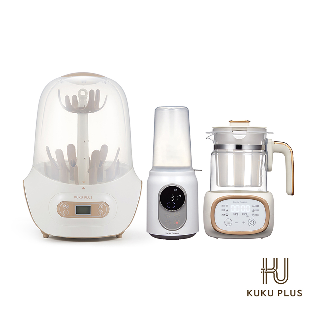 KU.KU 酷咕鴨 KUKU PLUS智慧型蒸氣烘乾消毒鍋+智能溫奶器+智能溫控調乳器三件組